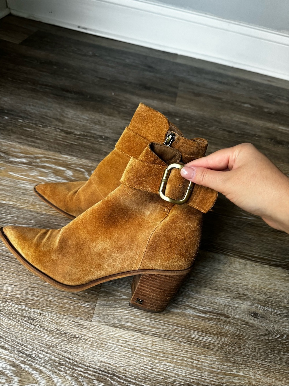 Sam Edelman Camel Suede Pointed Ankle Booties with Buckle